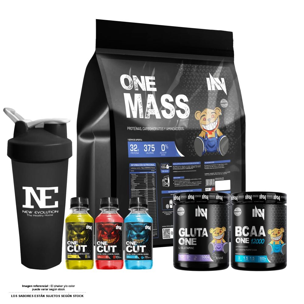 COMBO INNOVATE NUTRITION - ONE MASS 5 KG. CHOCOLATE + GLUTA ONE 500 GR. + BCAA ONE 12000 500 GR. NARANJA + SHAKER - 1