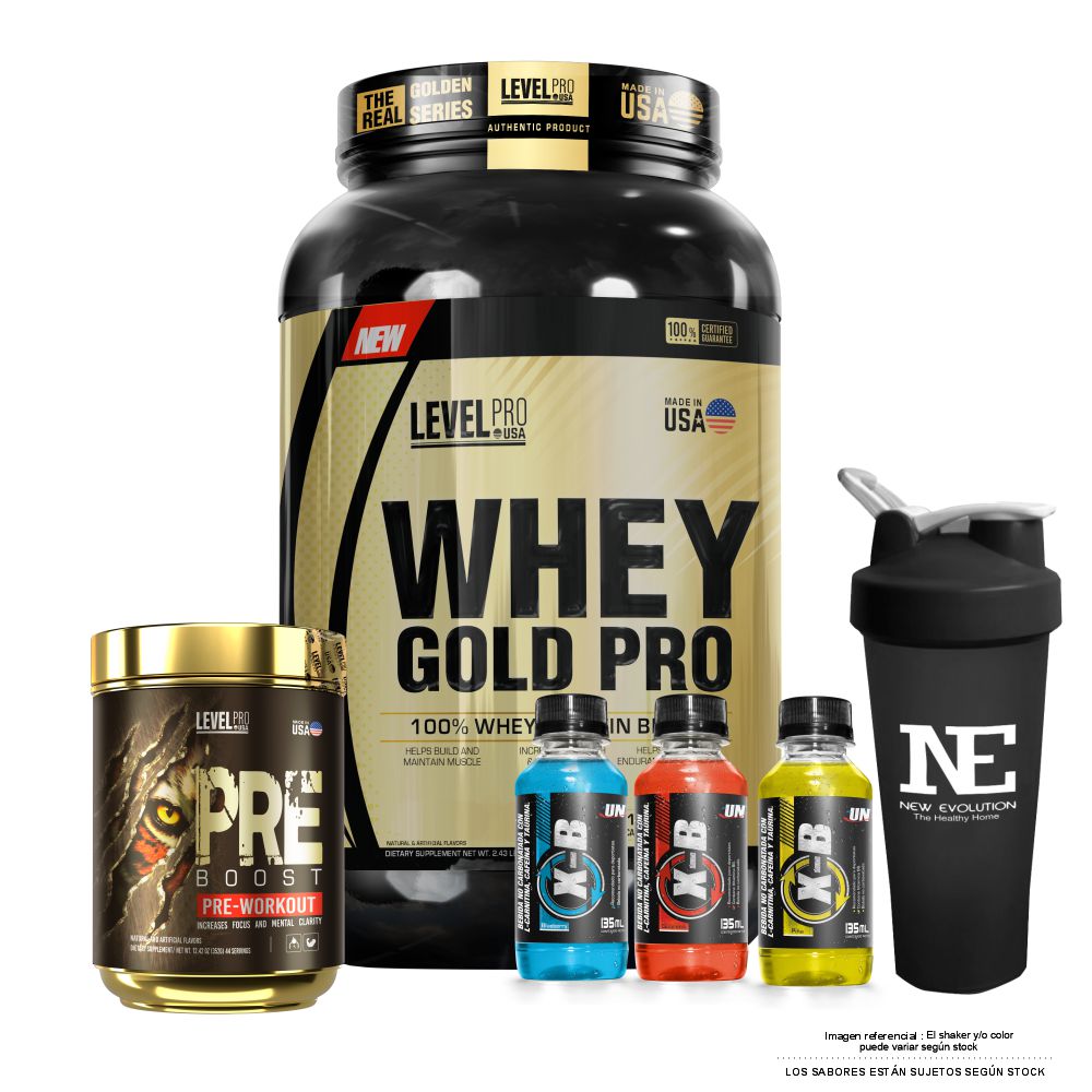 COMBO LEVEL PRO - WHEY GOLD PRO 2.43 LIBRAS CHOCOLATE + PRE BOOST 352 GR. GREEN APPLE + SHAKER - 1