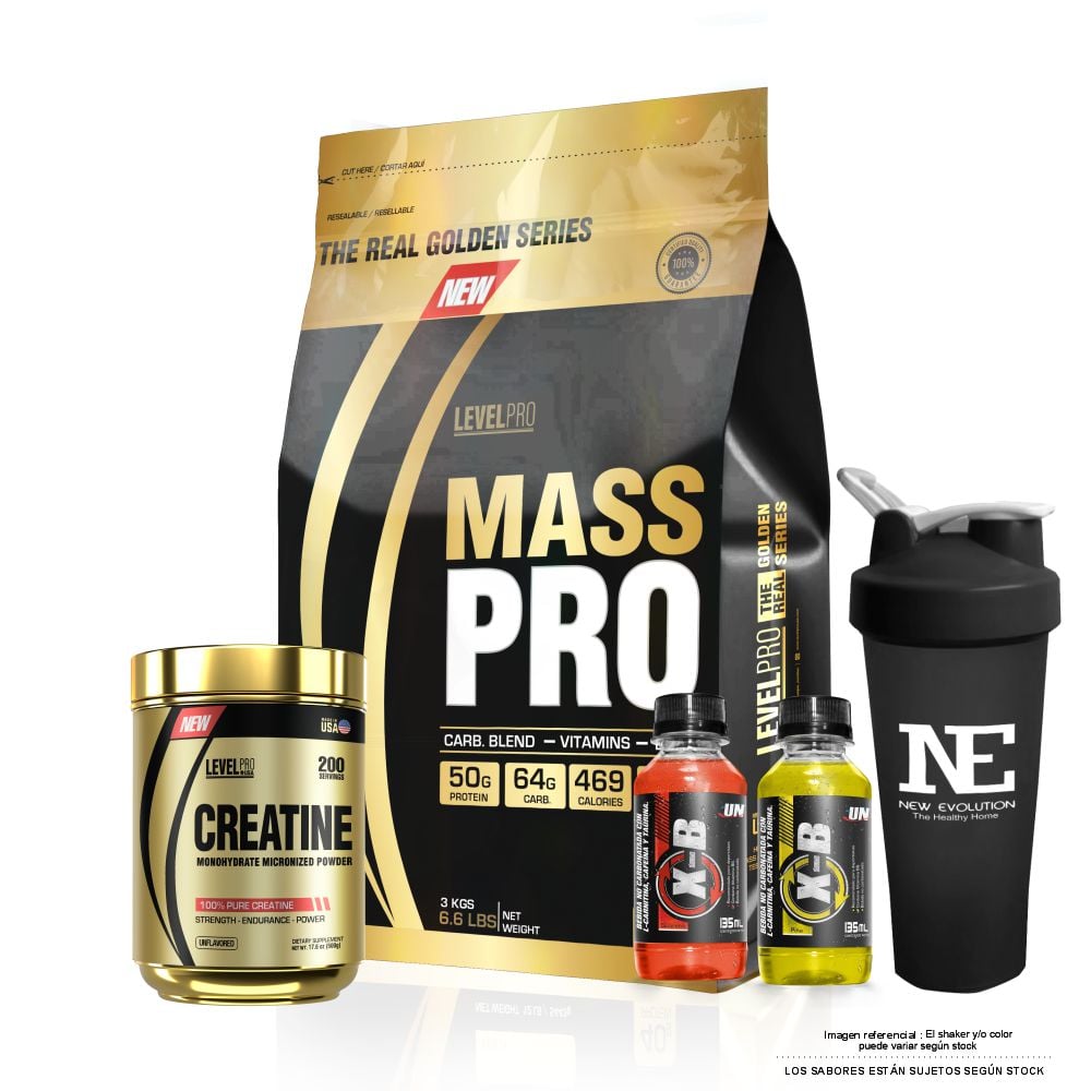COMBO LEVEL PRO - MASS PRO 6.6 LIBRAS VAINILLA CREAM + CREATINE 500 GR. + SHAKER - 1