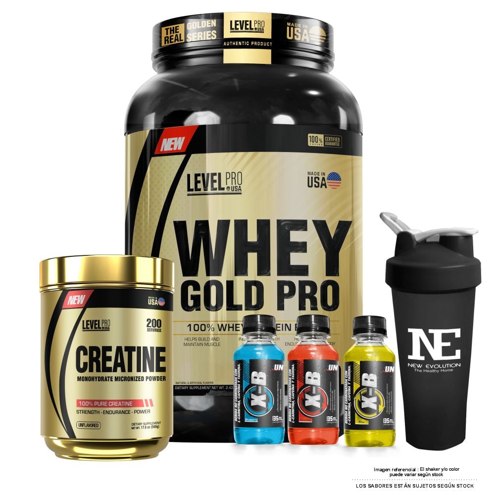 COMBO LEVEL PRO - WHEY GOLD PRO 2.43 LIBRAS CHOCOLATE + CREATINE 500 GR. + SHAKER - 1