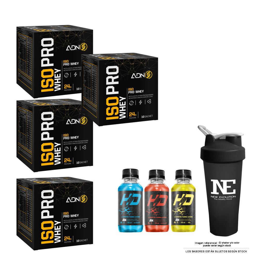 COMBO ADN NUTRITION - 4 ISO PRO WHEY CAJA 10 UNID. VAINILLA + SHAKER - 1