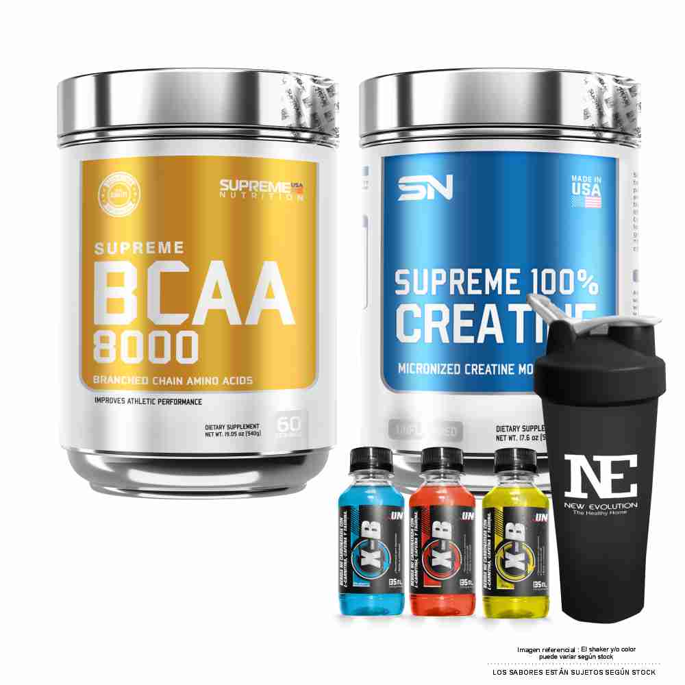 COMBO SUPREME NUTRITION - SUPREME BCAA 8000 540 GR. PIÑA COLADA + SUPREME 100% CREATINE 500 GR. + SHAKER - 1