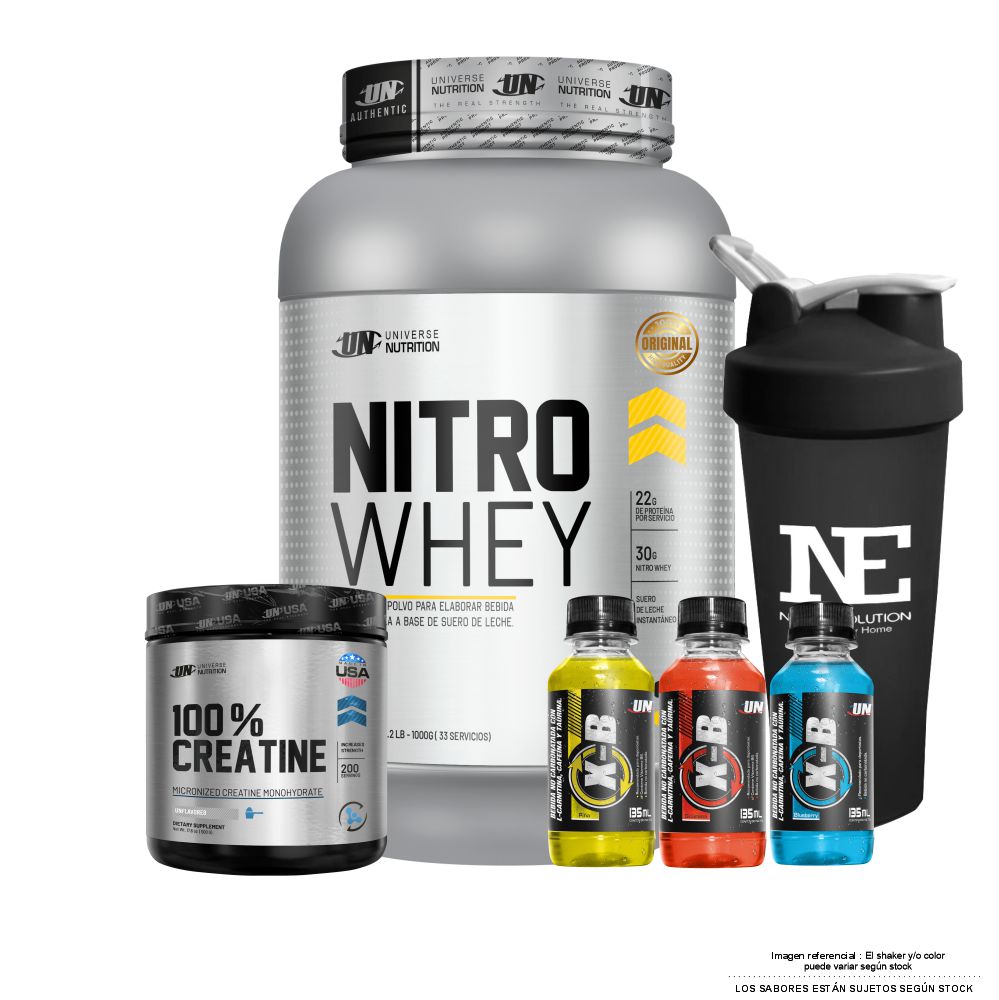 COMBO UNIVERSE NUTRITION - NITRO WHEY 1 KG. VAINILLA  + 100% CREATINE 500 GR. + SHAKER - 1