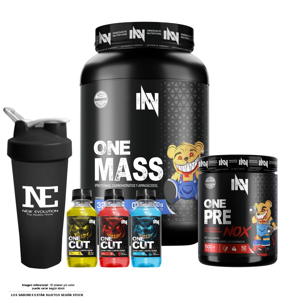 COMBO INNOVATE NUTRITION - ONE MASS 2 KG. CHOCOLATE + ONE PRE NOX 500 GR. FRUIT PUNCH + SHAKER - 1