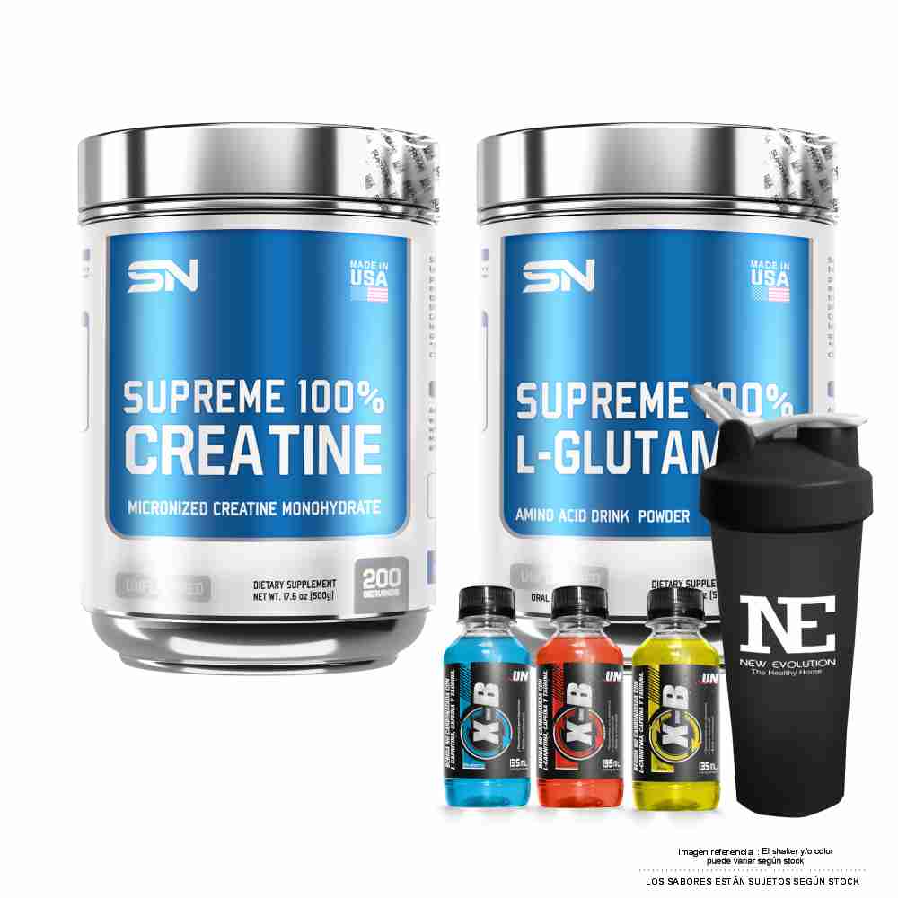 COMBO SUPREME NUTRITION - SUPREME 100% GLUTAMINE 500 GR. + SUPREME 100% CREATINE 500 GR. + SHAKER - 1