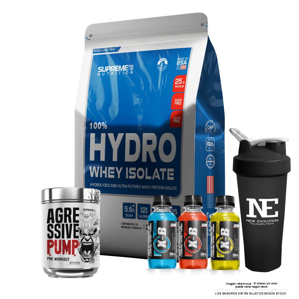 COMBO SUPREME NUTRITION - 100% HYDRO WHEY ISOLATE 2.43 LIBRAS VAINILLA CREAM + AGRESSIVE PUMP 350 GR. WATERMELON + SHAKER - 1