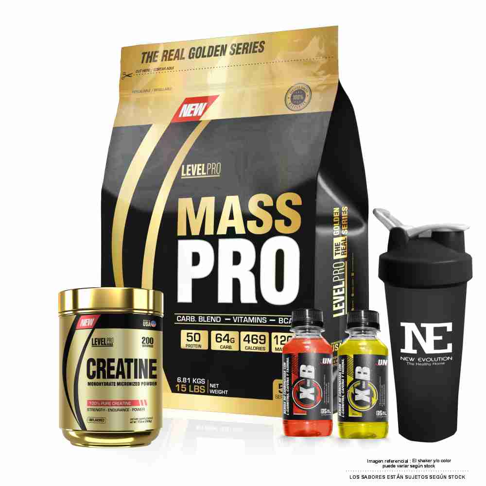 COMBO LEVEL PRO - MASS PRO 15 LIBRAS CHOCOLATE + CREATINE 500 GR. + SHAKER - 1