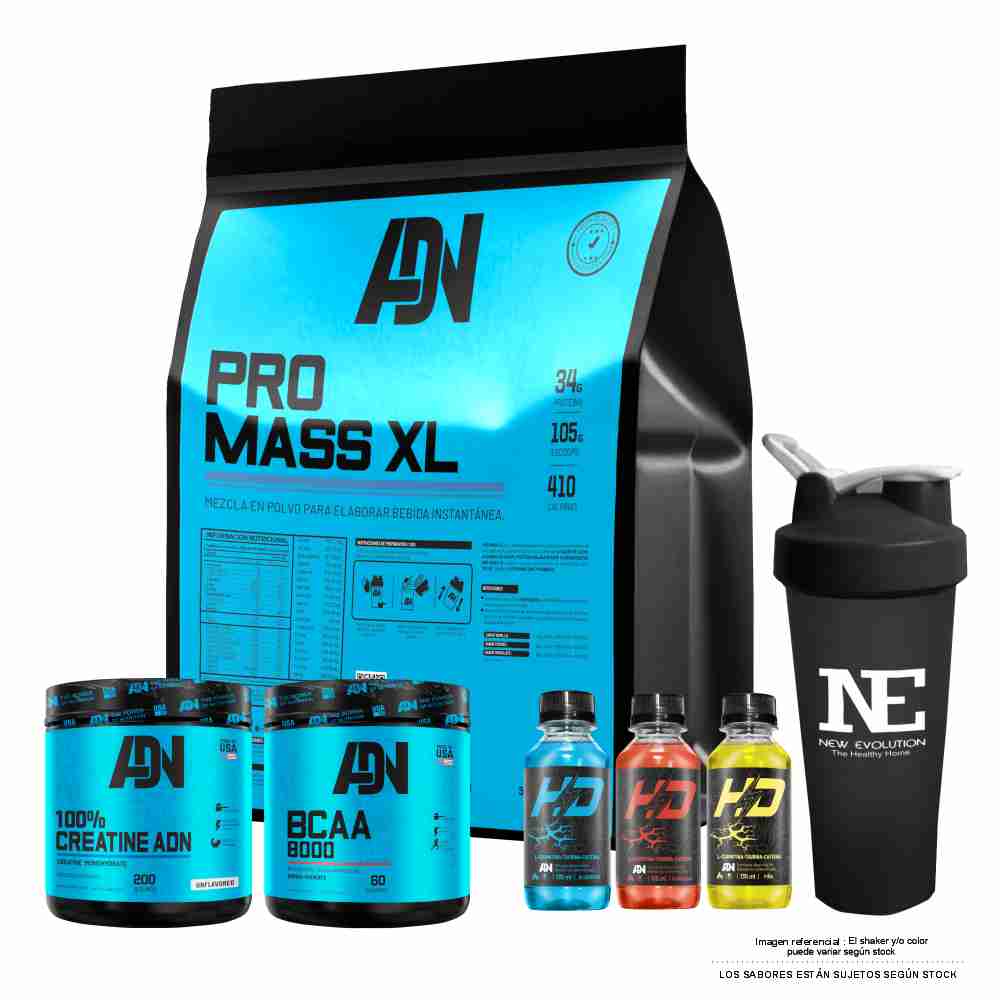 COMBO ADN NUTRITION - PRO MASS XL 3 KG. CHOCOLATE + BCAA 8000 540 GR. FRUIT PUNCH + 100% CREATINE ADN 500 GR. + SHAKER - 1