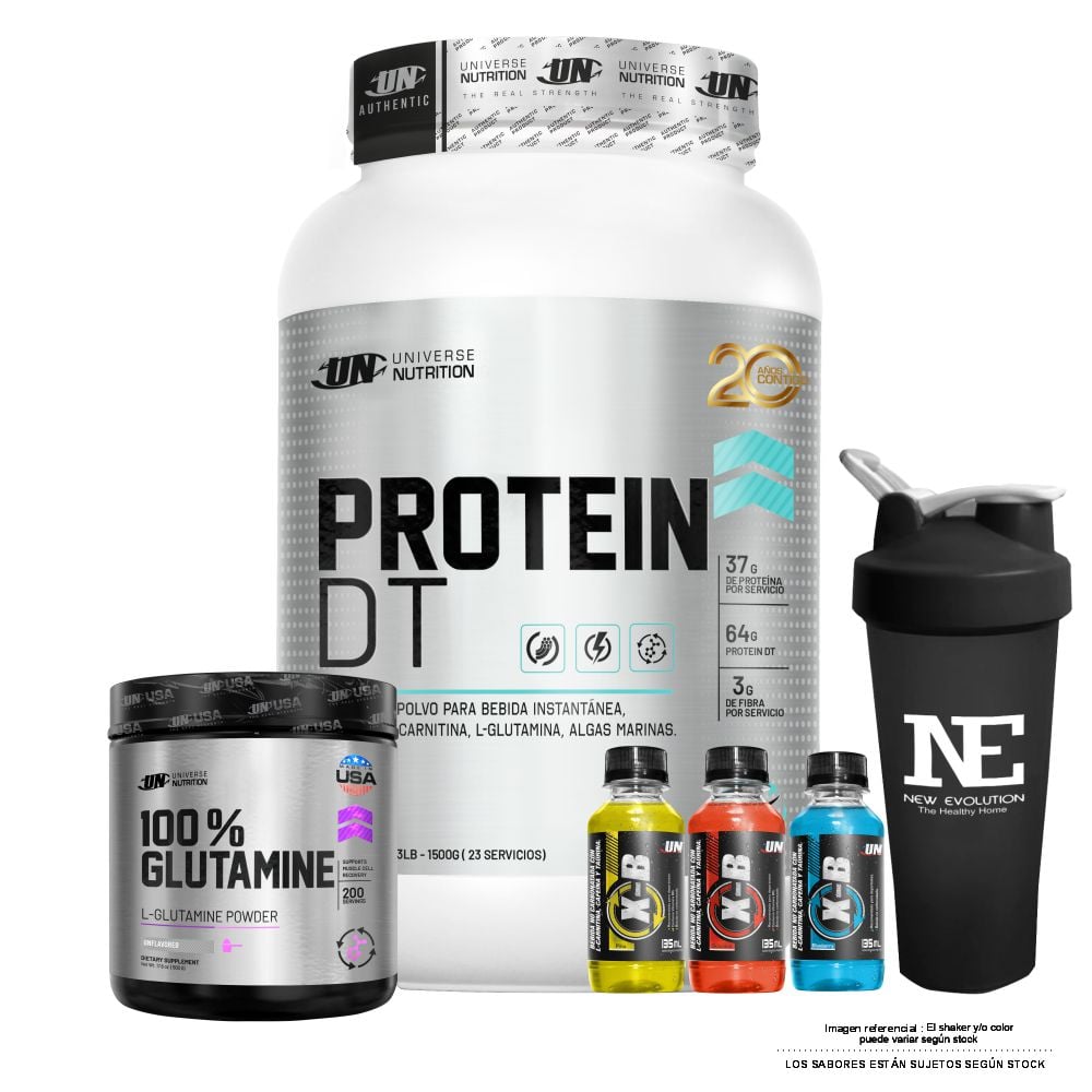 COMBO UNIVERSE NUTRITION - PROTEIN DT 1.500 KG. CHOCOLATE + 100% GLUTAMINE 500 GR. + SHAKER - 1