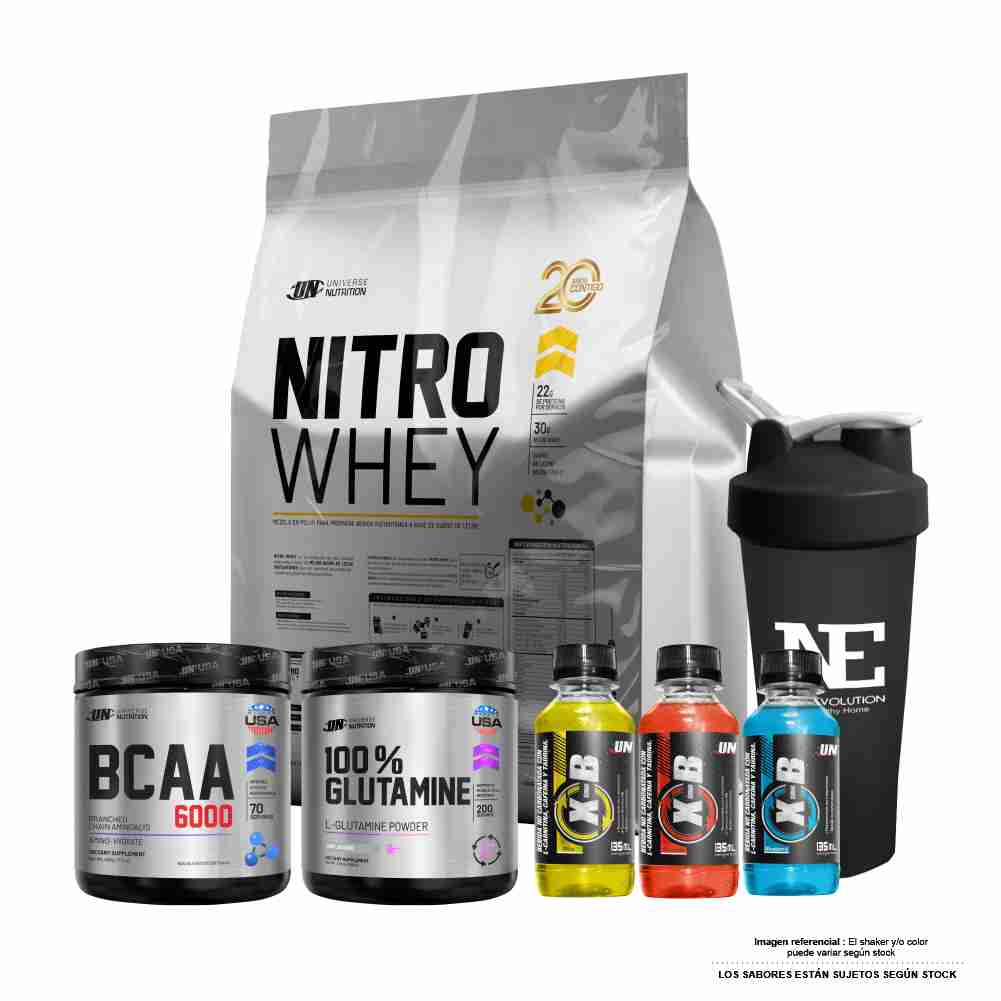 COMBO UNIVERSE NUTRITION - NITRO WHEY 5 KG. CHOCOLATE + BCAA 6000 490 GR. CITRUS PUNCH + 100% GLUTAMINE 500 GR. + SHAKER - 1
