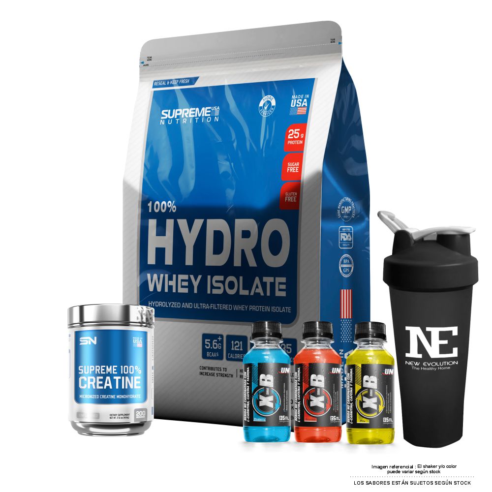 COMBO SUPREME NUTRITION - 100% HYDRO WHEY ISOLATE 2.43 LIBRAS VAINILLA CREAM + SUPREME 100% CREATINE 500 GR. + SHAKER - 1
