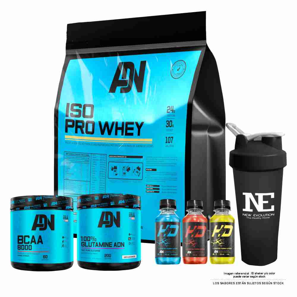 COMBO ADN NUTRITION - ISO PRO WHEY 5 KG. VAINILLA + 100% GLUTAMINE ADN 500 GR. NATURAL + BCAA 8000 540 GR. FRUIT PUNCH + SHAKER - 1