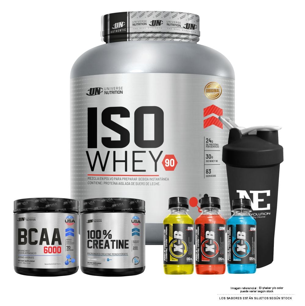 COMBO UNIVERSE NUTRITION - ISO WHEY 90 2.5 KG. COOKIE + 100% CREATINE 500 GR. + BCAA 6000 490 GR. CITRUS PUNCH + SHAKER - 1