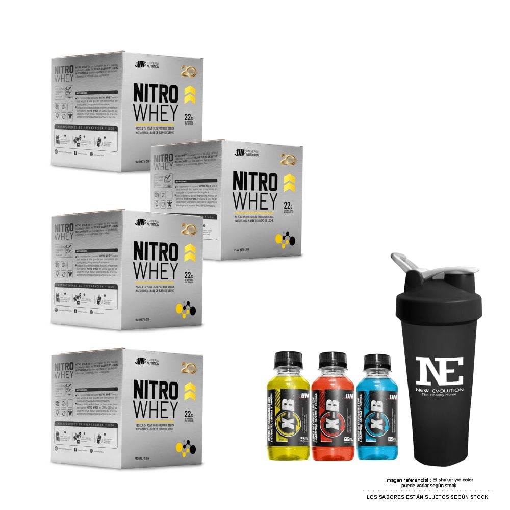 COMBO UNIVERSE NUTRITION - 4 NITRO WHEY CAJA 10 UNID. CHOCOLATE + SHAKER - 1