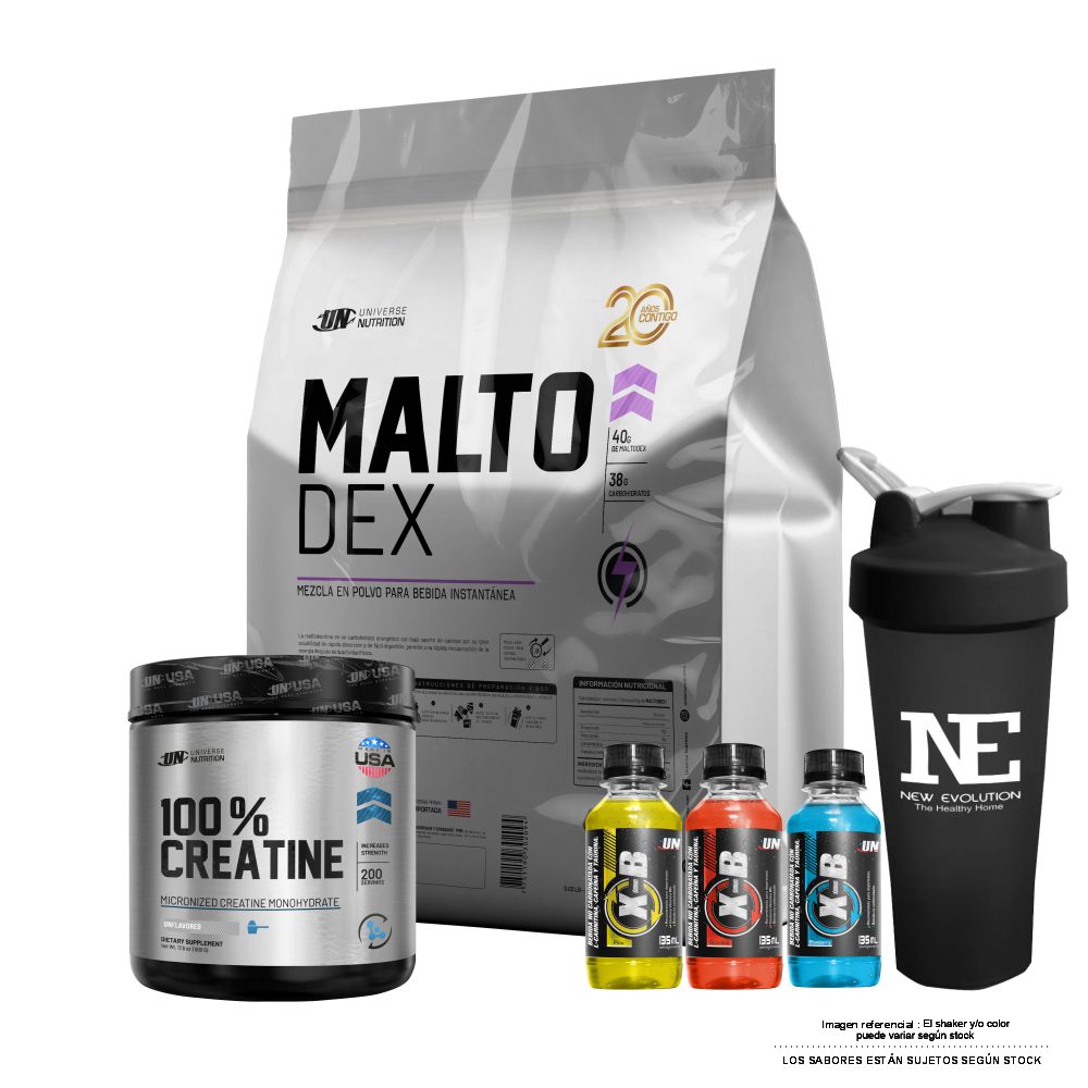 COMBO UNIVERSE NUTRITION - MALTO DEX 3 KG. NATURAL + 100% CREATINE 500 GR. + SHAKER - 1