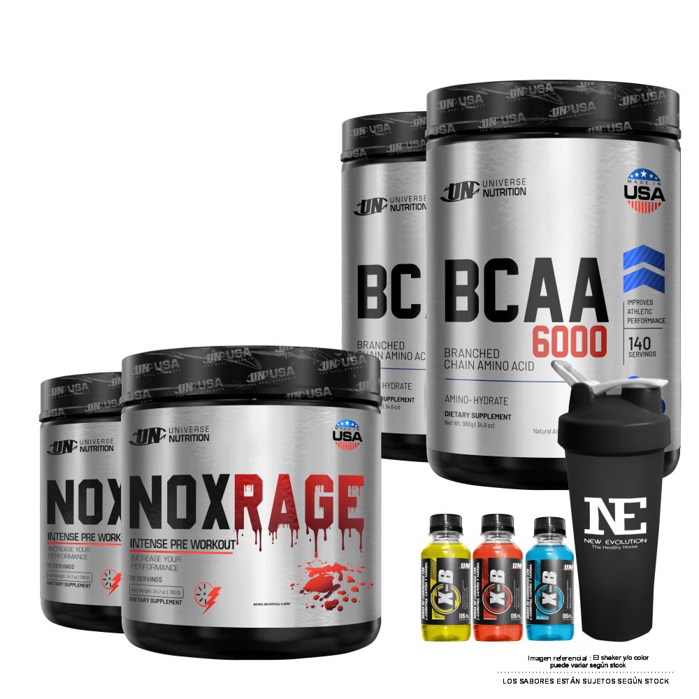 COMBO UNIVERSE NUTRITION - 2 NOX RAGE 700 GR. FRUIT PUNCH + 2 BCAA 6000 980 GR. FRUIT PUNCH + SHAKER - 1