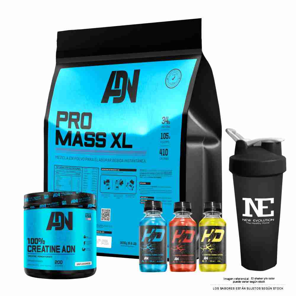 COMBO ADN NUTRITION - PRO MASS XL 5 KG. CHOCOLATE + 100% CREATINE ADN 500 GR. + SHAKER - 1