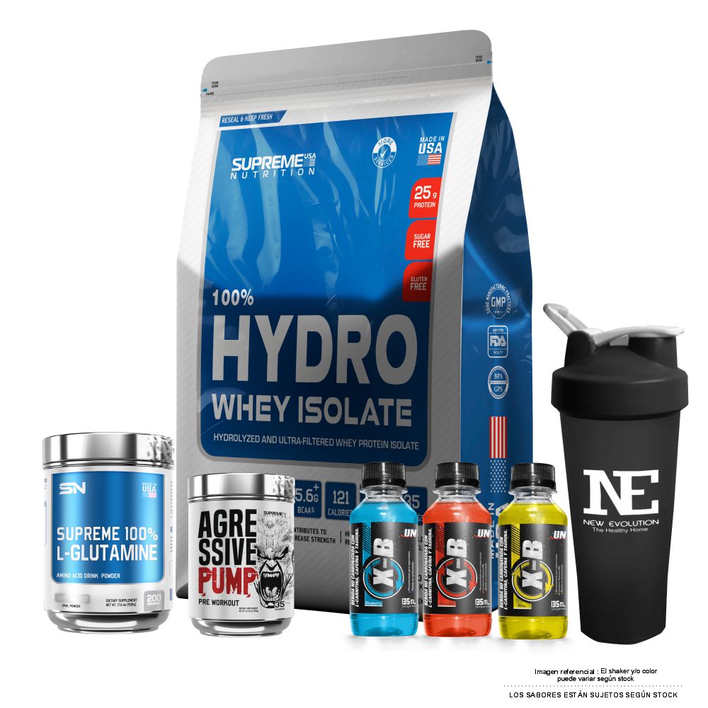 COMBO SUPREME - 100% HYDRO WHEY ISOLATE 5.5 LIBRAS CHOCOLATE+ 100% GLUTAMINE 500 GR. + AGRESSIVE PUMP 350 GR. WATERMELON + SHAKER - 1