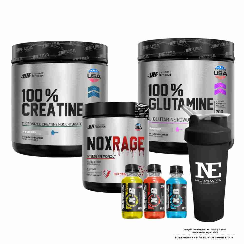 COMBO UNIVERSE NUTRITION - 100% CREATINE 500 GR. + 100% GLUTAMINE 500 GR. + NOX RAGE 350 GR. CITRUS PUNCH + SHAKER - 1