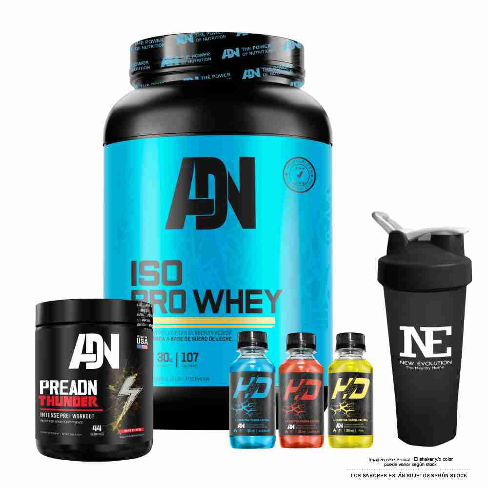 COMBO ADN NUTRITION - ISO PRO WHEY 1.100 KG. CHOCOLATE + PRE ADN THUNDER 352 GR. UVA + SHAKER - 1