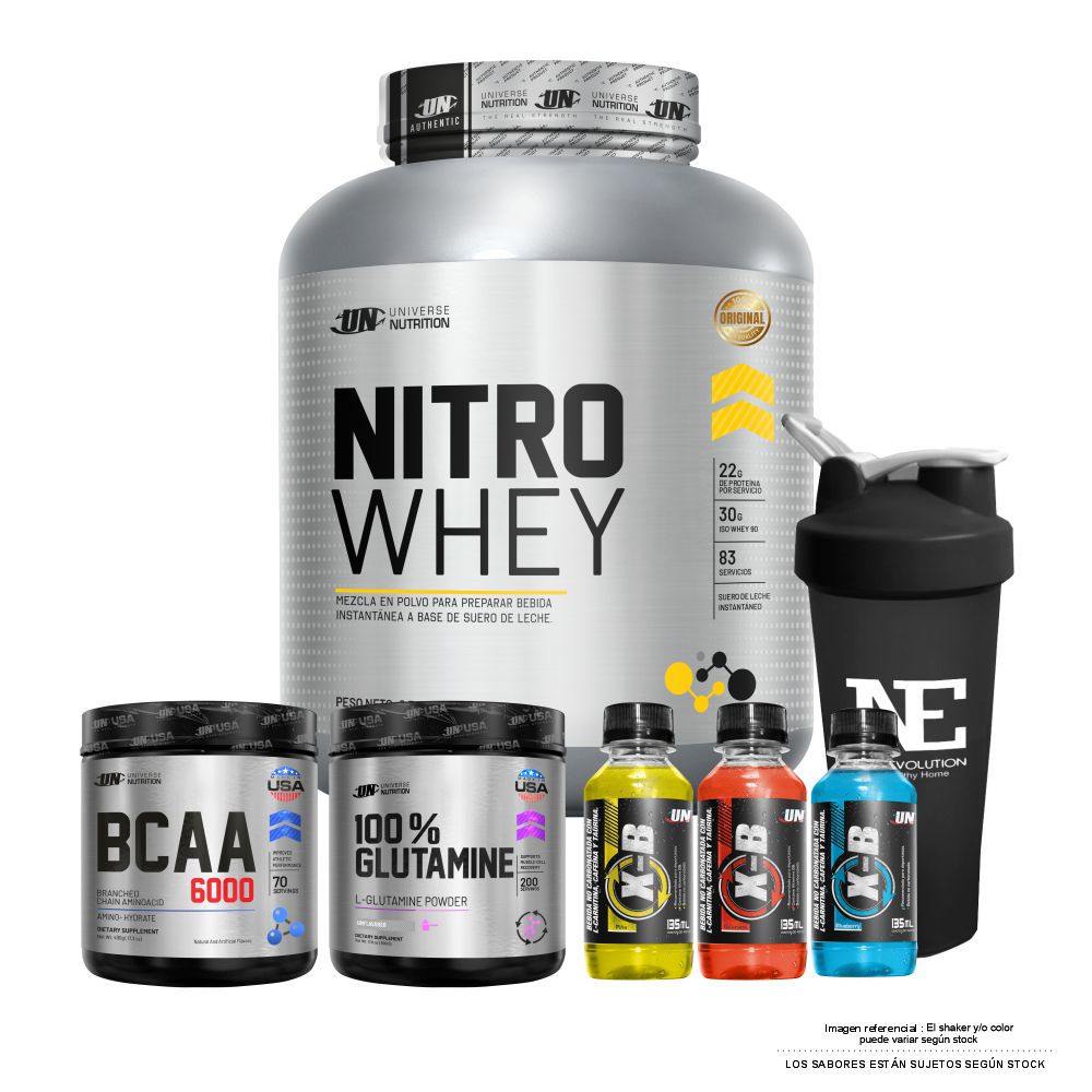 COMBO UNIVERSE NUTRITION - NITRO WHEY 2.5 KG. CHOCOLATE + BCAA 6000 490 GR. FRUIT PUNCH + 100% GLUTAMINE 500 GR. + SHAKER - 1