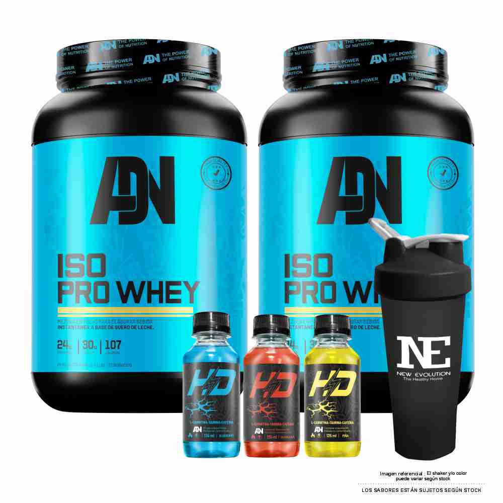 COMBO ADN NUTRITION - 2 ISO PRO WHEY 1.100 KG. CHOCOLATE + SHAKER - 1