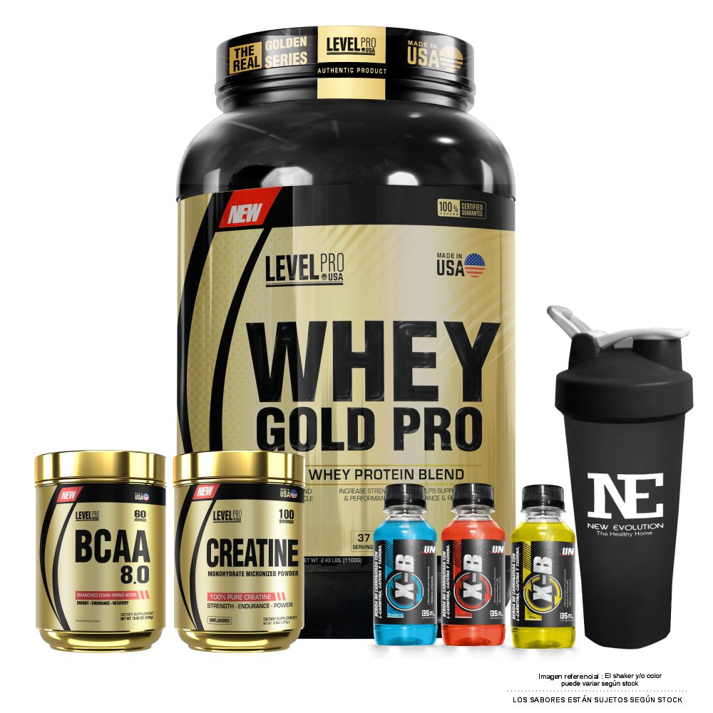 COMBO LEVEL PRO - WHEY GOLD PRO 2.43 LIBRAS VAINILLA CREAM + BCAA 8.0 540GR. FRUIT PUNCH + CREATINE 500 GR. + SHAKER - 1