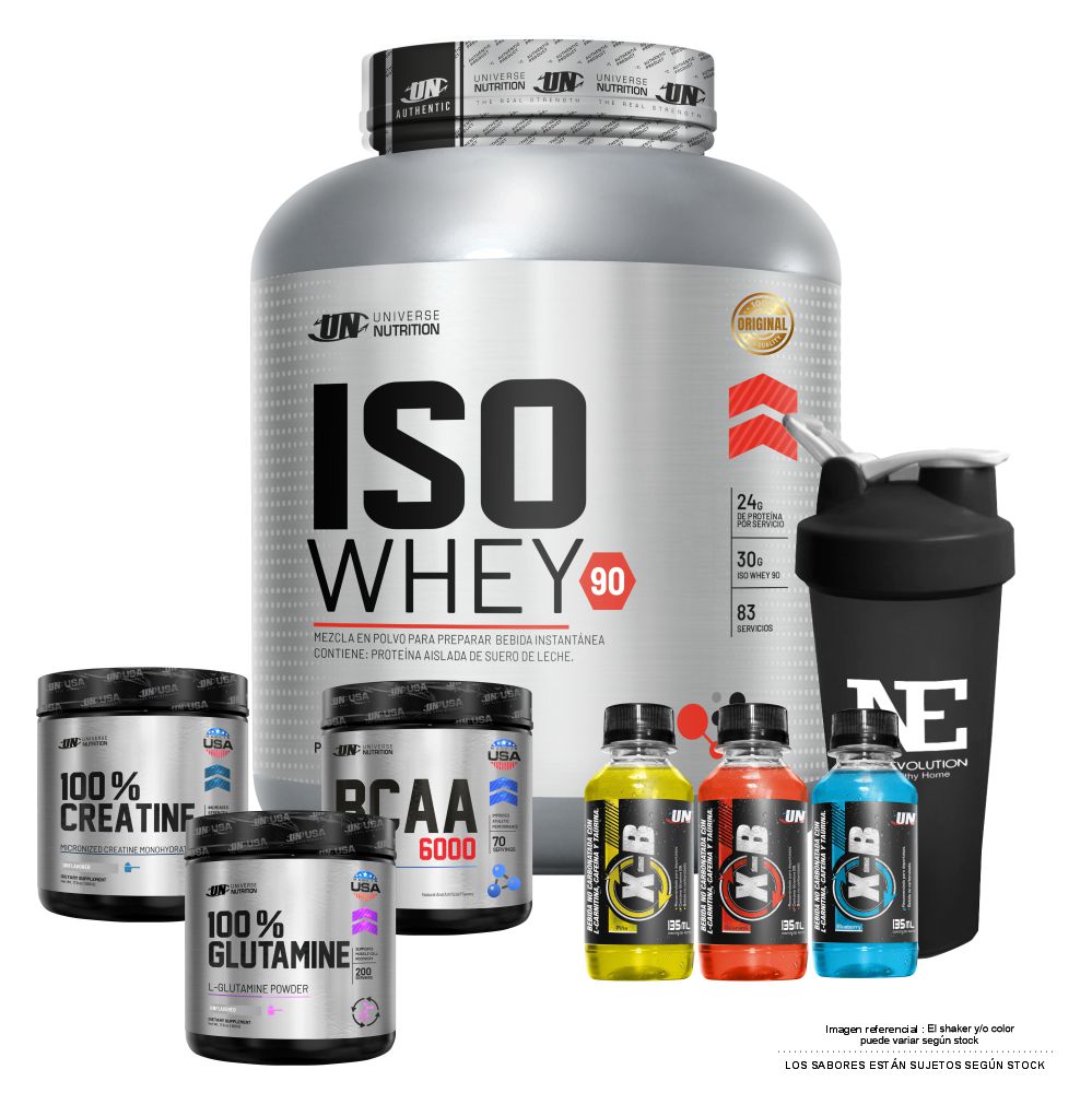 COMBO UN - ISO WHEY 90 2.5KG. COOKIE + 100% CREATINE 500 GR. + BCAA 6000 490 GR. FRUIT PUNCH + 100% GLUTAMINE 500 GR. + SHAKER - 1