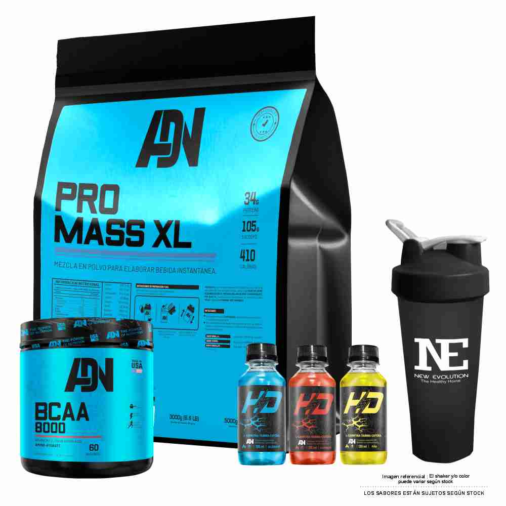 COMBO ADN NUTRITION - PRO MASS XL 5 KG. COOKIE + BCAA 8000 540 GR. MANZANA + SHAKER - 1