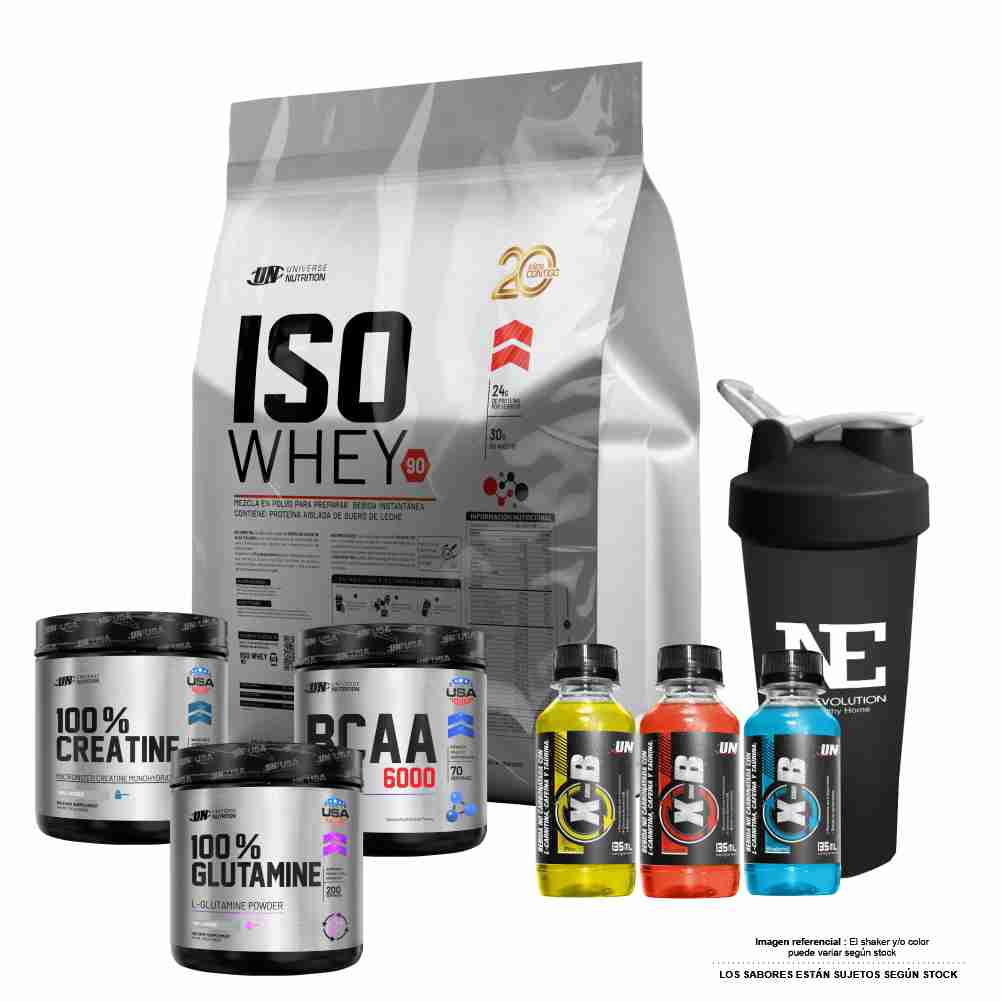 COMBO UN - ISO WHEY 90 5 KG. CHOCOLATE + 100% CREATINE 500 GR. + BCAA 6000 490 GR. CITRUS PUNCH + 100% GLUTAMINE 500 GR. + SHAKER - 1