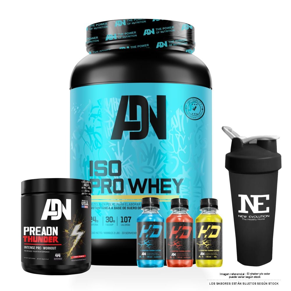 COMBO ADN NUTRITION - ISO PRO WHEY 1 KG. CHOCOLATE + PRE ADN THUNDER 352 GR. FRUIT PUNCH + SHAKER - 1