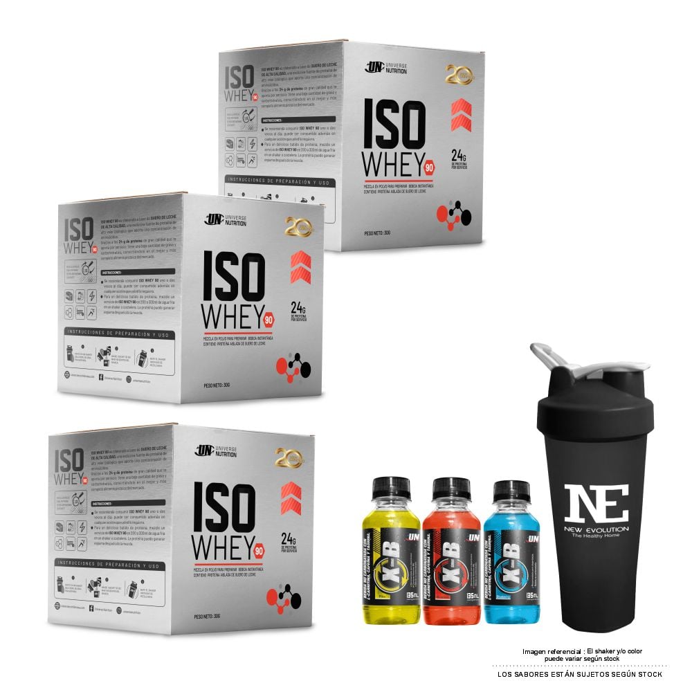 COMBO UNIVERSE NUTRITION - 3 ISO WHEY 90 CAJA 10 UNID. CHOCOLATE + SHAKER - 1