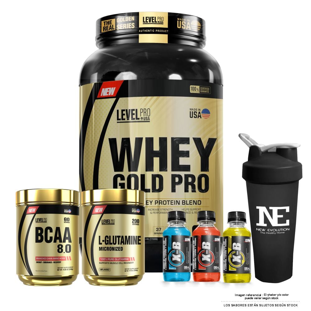 COMBO LEVEL PRO - WHEY GOLD PRO 2.43 LIBRAS VAINILLA CREAM + BCAA 8.0 540GR. FRUIT PUNCH + GLUTAMINE 500 GR. + SHAKER - 1