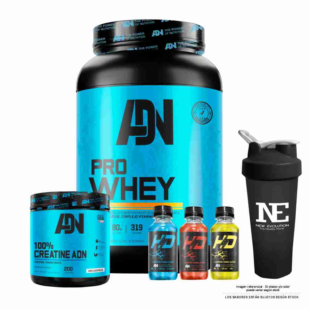 COMBO ADN NUTRITION - PRO WHEY 1.100 KG. VAINILLA + 100% CREATINE ADN 500 GR. + SHAKER - 1