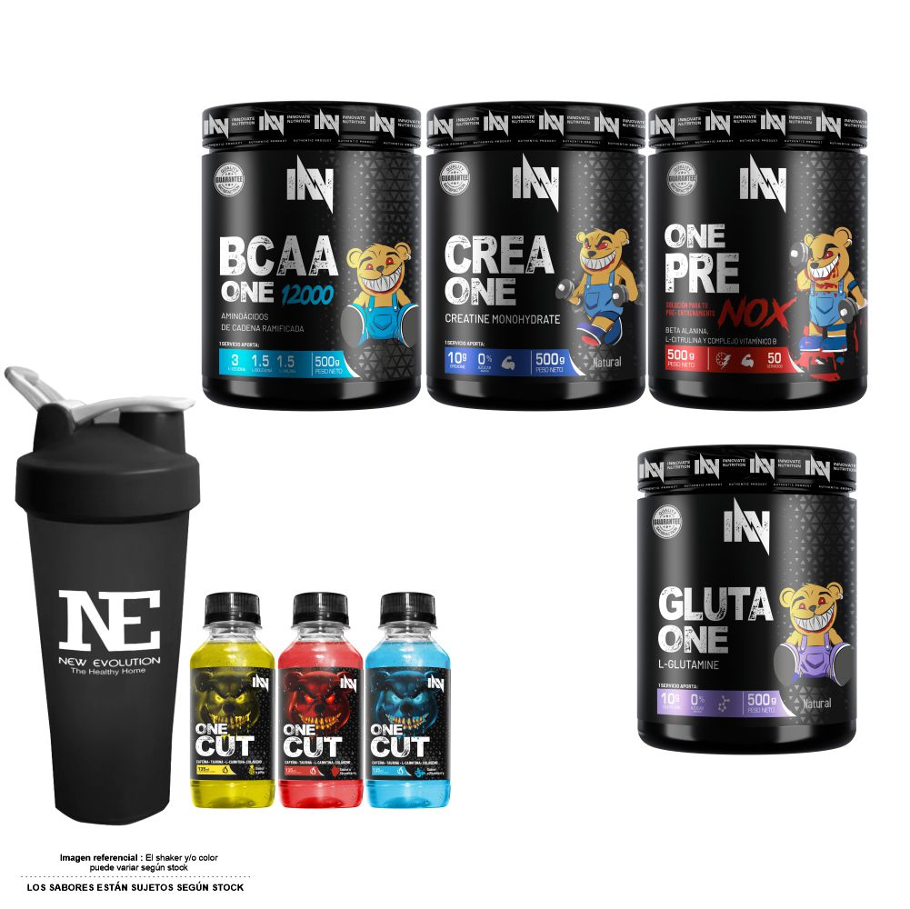 COMBO INN - BCAA ONE 12000 500 GR. FRUIT PUNCH + GLUTA ONE 500 GR. + CREA ONE 500 GR. + ONE PRE NOX 500 GR. FRUIT PUNCH + SHAKER - 1