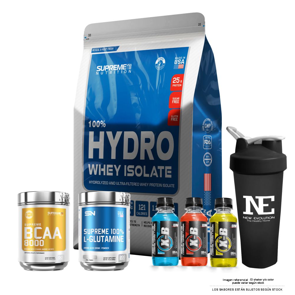 COMBO SUPREME - 100% HYDRO WHEY ISOLATE 2.43 LIBRAS CHOCOLATE + BCAA 8000 540 GR. FRUIT PUNCH + 100% GLUTAMINE 500 GR. + SHAKER - 1