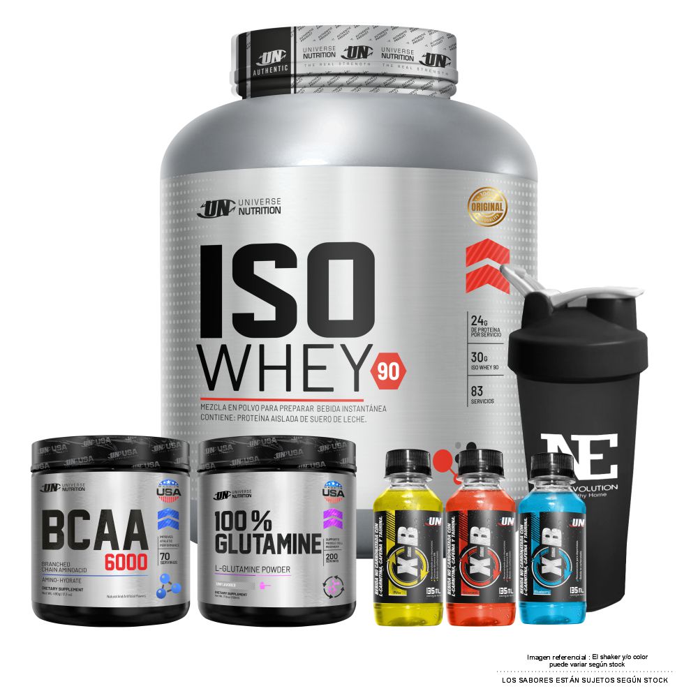 COMBO UNIVERSE NUTRITION - ISO WHEY 90 2.5 KG. VAINILLA + 100% GLUTAMINE 500 GR. + BCAA 6000 490 GR. CITRUS PUNCH + SHAKER - 1