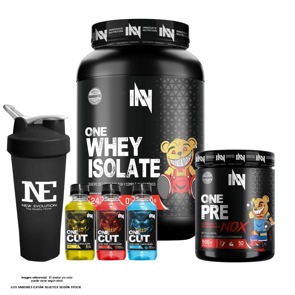 COMBO INNOVATE NUTRITION - ONE WHEY ISOLATE 1.100 KG CHOCOLATE + ONE PRE NOX 500 GR. FRUIT PUNCH + SHAKER - 1