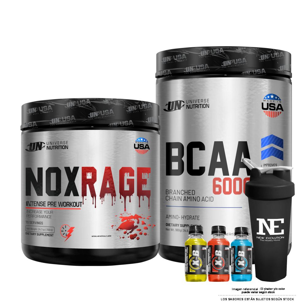 COMBO UNIVERSE NUTRITION - NOX RAGE 700 GR. FRUIT PUNCH + BCAA 6000 980 GR. FRUIT PUNCH + SHAKER - 1