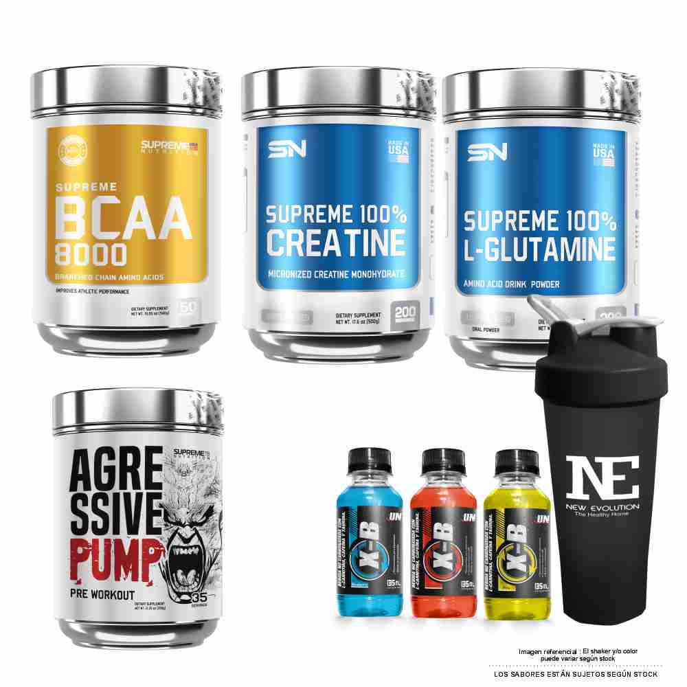 COMBO SUPREME - BCAA 8000 540GR PIÑA COLADA + 100% GLUTAMINE 500GR+ 100% CREATINE 500GR + AGRESSIVE PUMP 350GR WATERMELON +SHAKER - 1