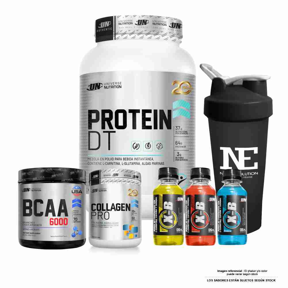 COMBO UNIVERSE NUTRITION - PROTEIN DT 1.500 KG. VAINILLA + BCAA 6000 490 GR. FRUITPUNCH +COLLAGEN PRO 500 GR. FRUITPUNCH +SHAKER - 1