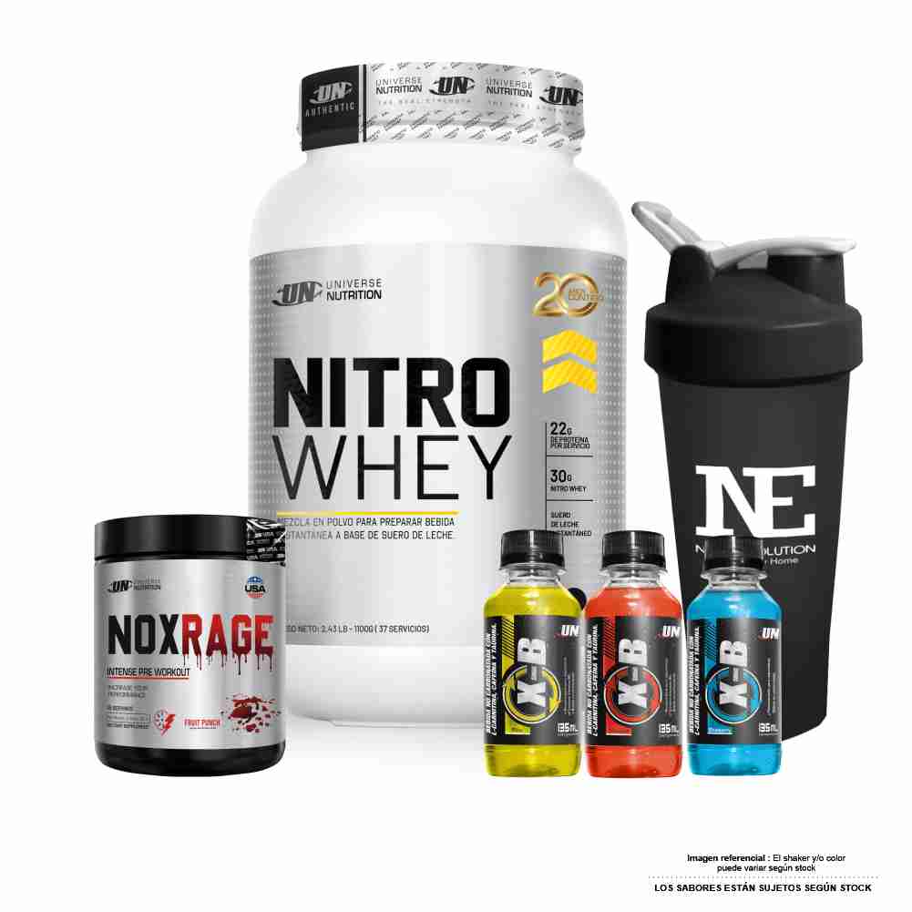COMBO UNIVERSE NUTRITION - NITRO WHEY 1.100 KG. CHOCOLATE + NOX RAGE 350 GR. CITRUS PUNCH + SHAKER - 1