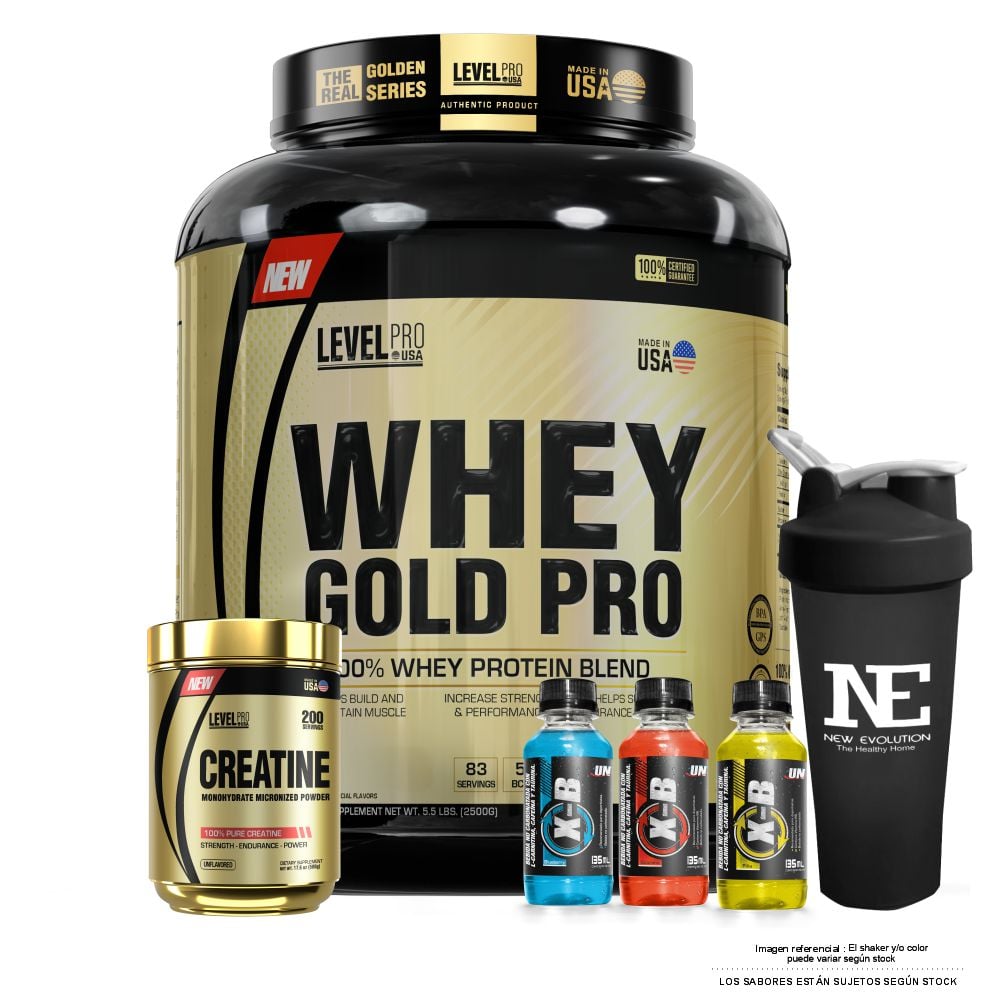 COMBO LEVEL PRO - WHEY GOLD PRO 5.5 LIBRAS CHOCOLATE + CREATINE 500 GR. + SHAKER - 1