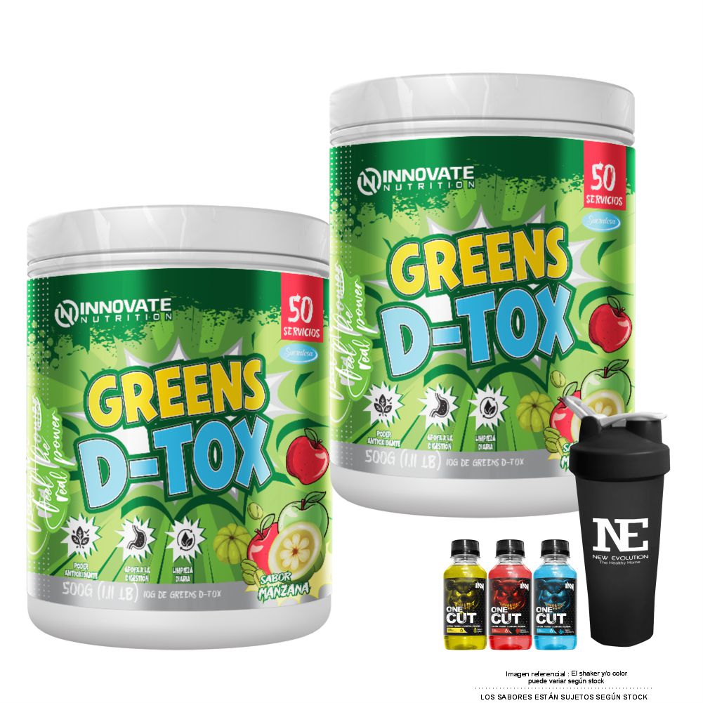 COMBO INNOVATE NUTRITION - 2 GREENS D-TOX 500 GR. MANZANA + SHAKER - 1