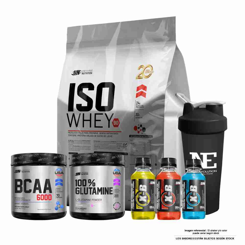 COMBO UNIVERSE NUTRITION - ISO WHEY 90 5 KG. COOKIE + 100% GLUTAMINE 500 GR. + BCAA 6000 490 GR. FRUIT PUNCH + SHAKER - 1