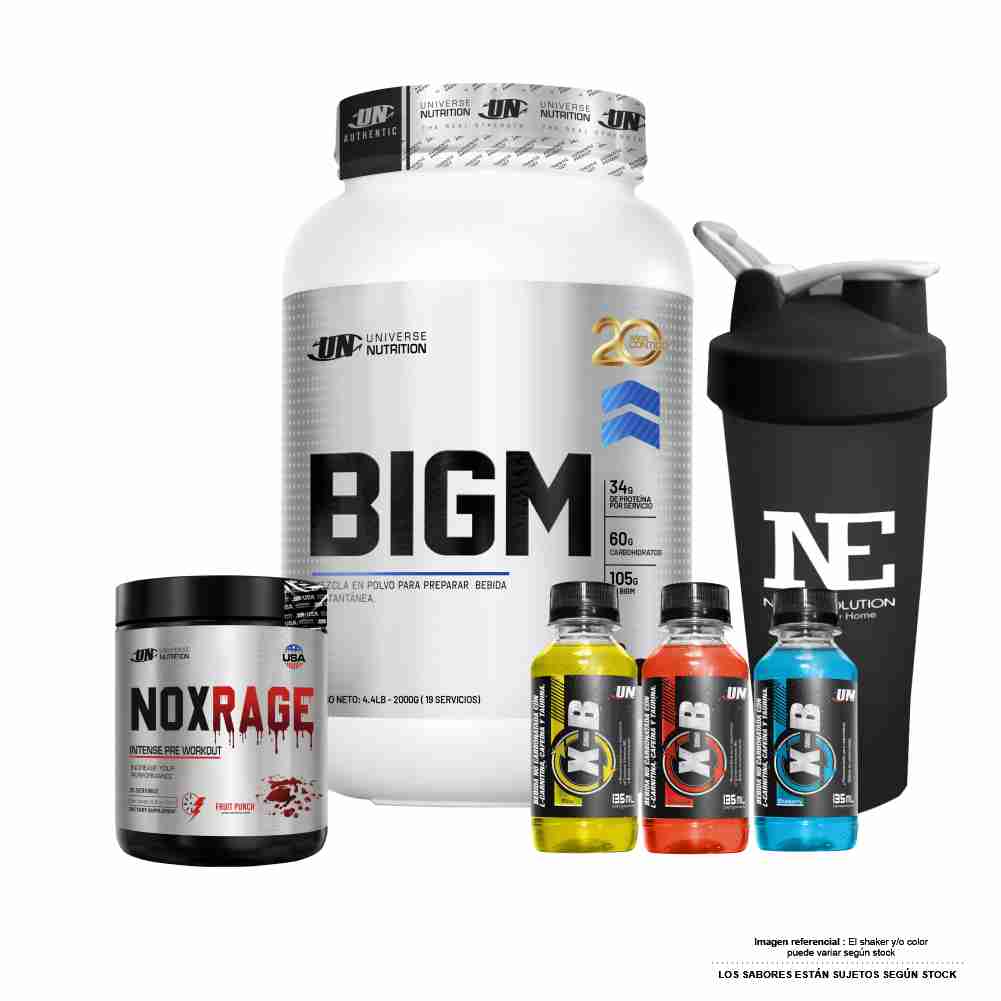 COMBO UNIVERSE NUTRITION - BIGM 2 KG. CHOCOLATE + NOX RAGE 350 GR. FRUIT PUNCH + SHAKER - 1