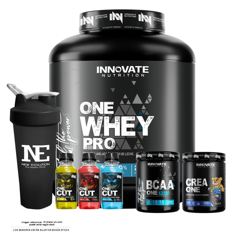 COMBO INNOVATE NUTRITION - ONE WHEY PRO 2.5KG. VAINILLA + CREA ONE 500 GR. + BCAA ONE 12000 500 GR. NARANJA + SHAKER - 1