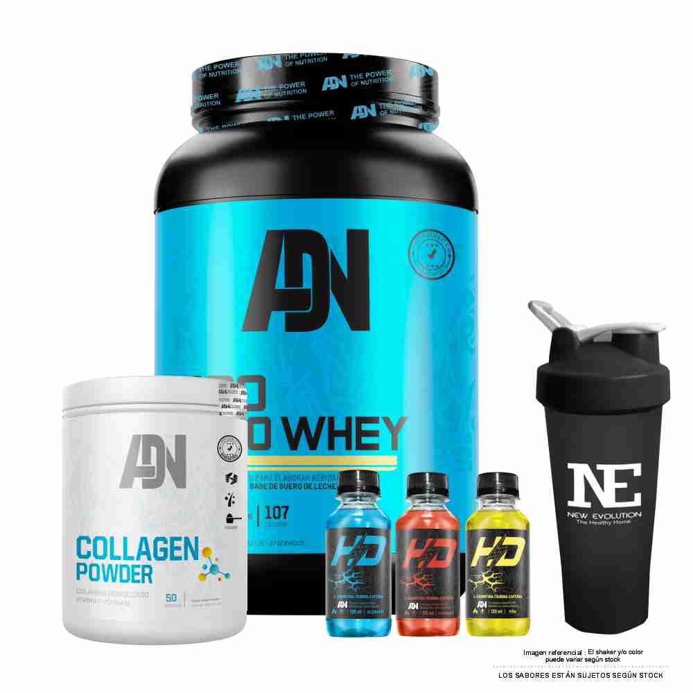 COMBO ADN NUTRITION - ISO PRO WHEY 1.100 KG. CHOCOLATE + COLLAGEN POWDER 500 GR. NARANJA + SHAKER - 1