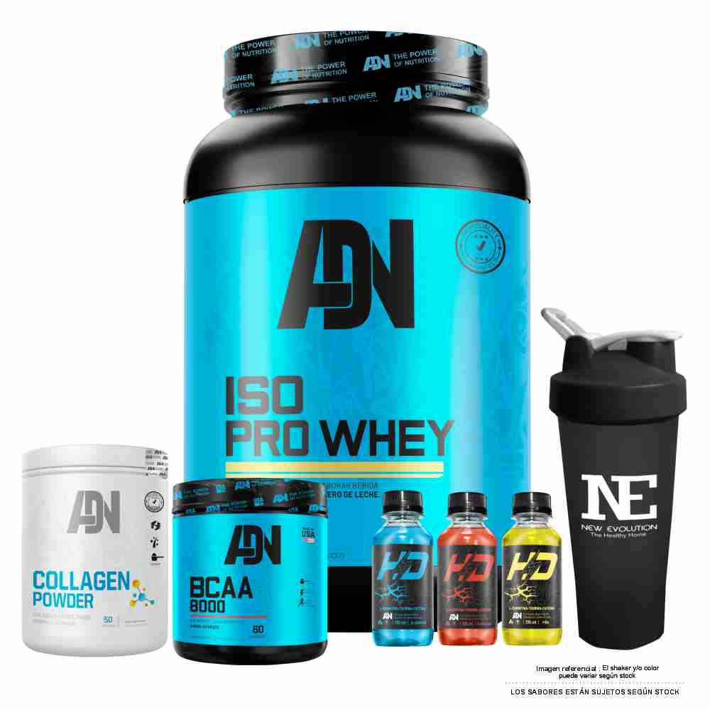 COMBO ADN NUTRITION - ISO PRO WHEY 1.100 KG. COOKIE + BCAA 8000 540 GR. FRUIT PUNCH + COLLAGEN POWDER 500 GR. NARANJA + SHAKER - 1