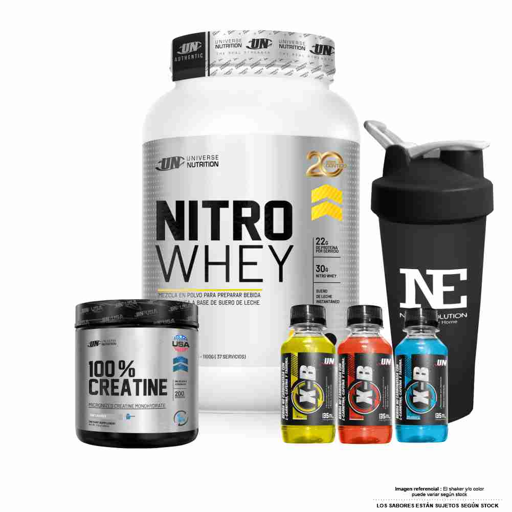 COMBO UNIVERSE NUTRITION - NITRO WHEY 1.100 KG. COOKIE + 100% CREATINE 500 GR. + SHAKER - 1